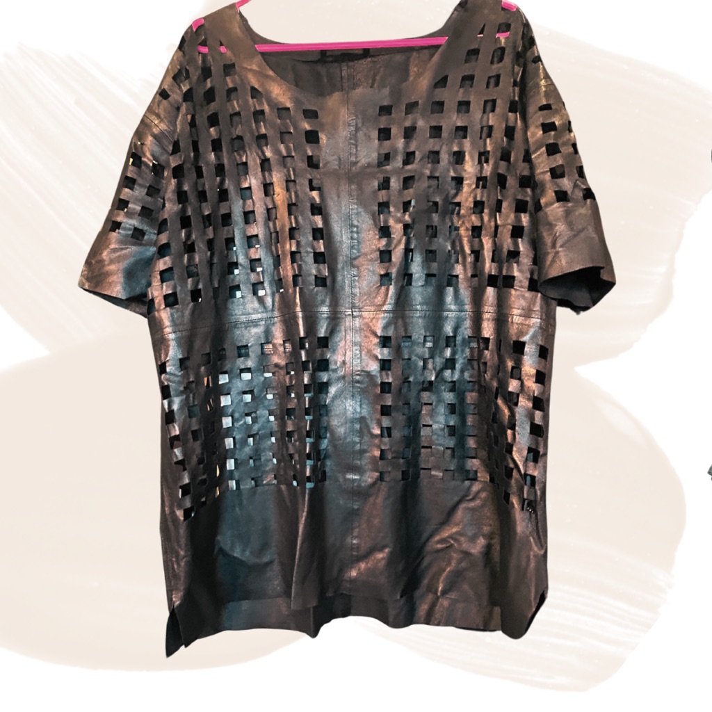 Avelon Black Leather Laser Cut Cutout Tunic Top